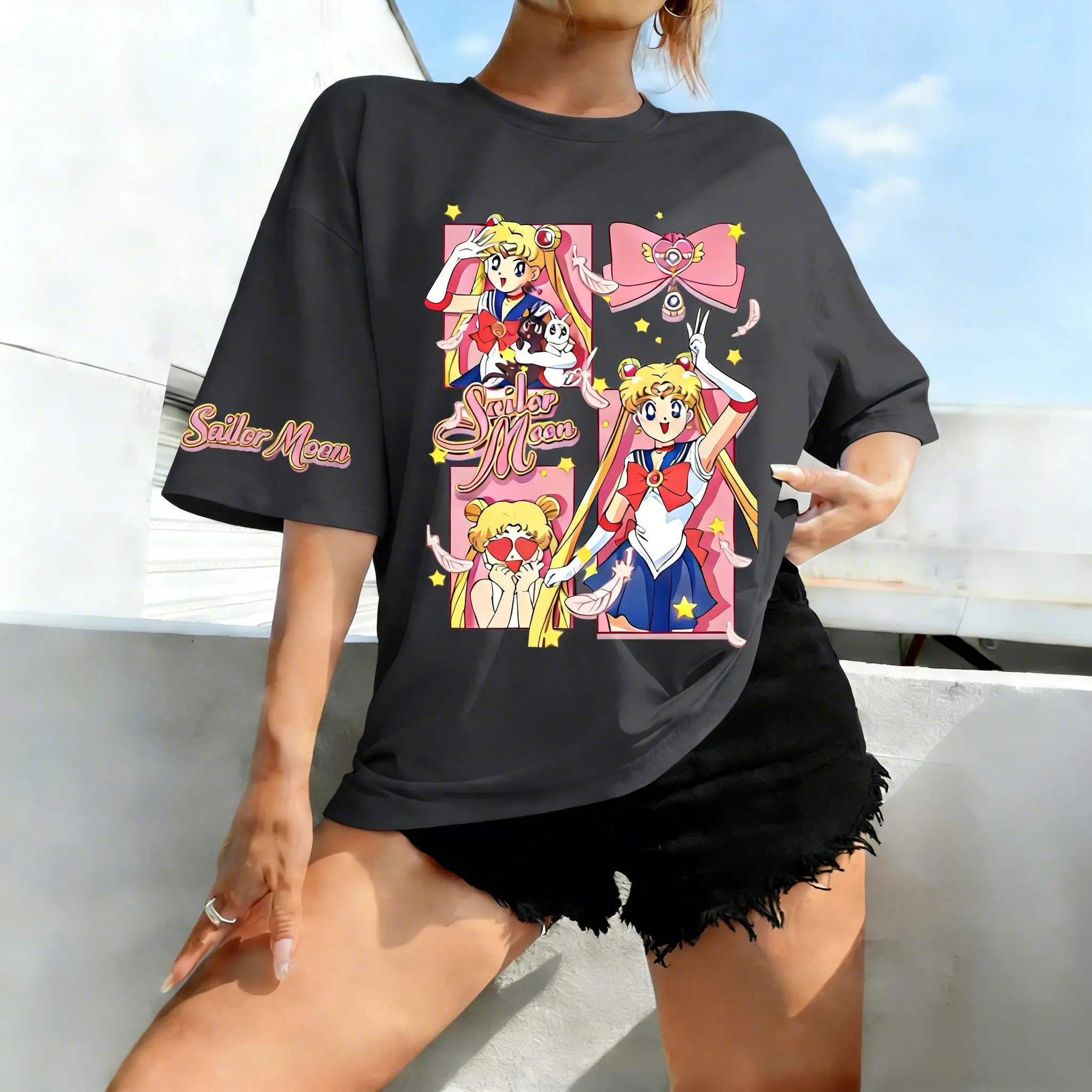 Übergroßes Vintage Sailor Moon Anime T-Shirt Herren Damen Kurzarm T-Shirt Sommer Grafikdruck Streetwear Casual Tops Kinder Unisex