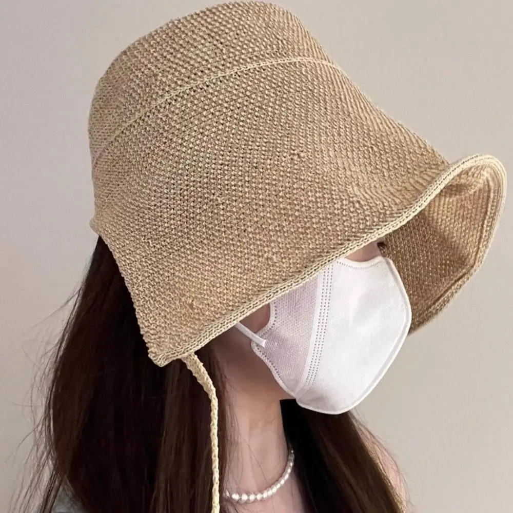 Big Wide Brim Linen Straw Bonnets Adjustable Straps Lace Up Closure Wide Brim Sun Hat Geometric Pattern Bow Accent