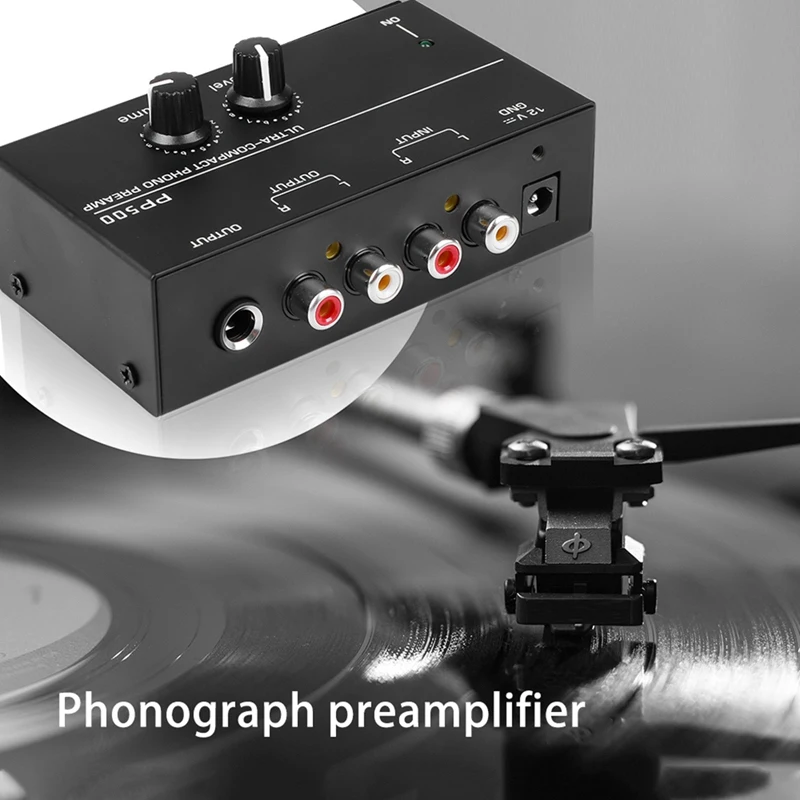 Ultra-Compact Phono Preamp com Bass Treble Balance, Pré-Amplificador Turntable Pré-amplificador com Ajuste de Volume, Plug EUA, PP500