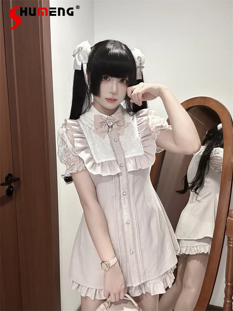 

Оригинальное однобортное тонкое мини-платье в японском стиле Mines с кукольным воротником и кружевными рукавами, шорты с высокой талией, комплект из двух предметов для женщин