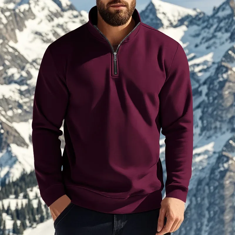 Men's New Autumn and Winter Fashion Half Zip Stand Collar Fleecing Hoodie, Solid Color Casual Loose Patchwork Pullover Hoodie