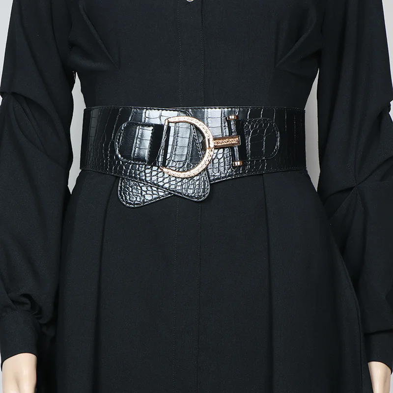 مشد خصر نسائي لخريف وشتاء 2025 - جلد تمساح أسود 80 سم، حزام عصري مرن، إبزيم على شكل حرف D فاخر للفستان والشركات #2