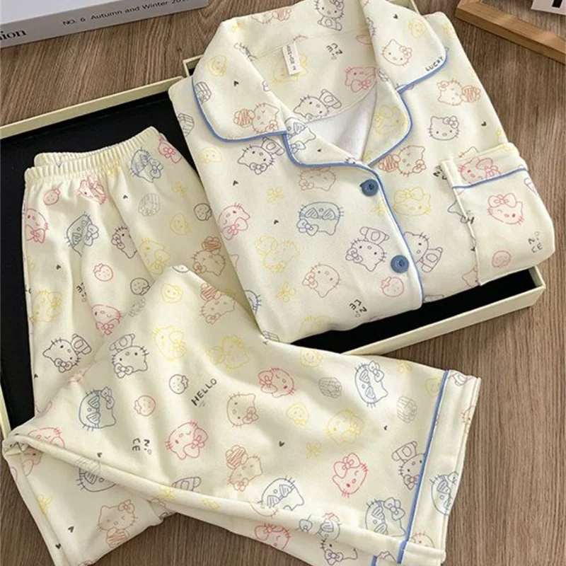 

Sanrio Hello Kitty, женский зимний пижамный комплект, теплая одежда для сна с героями мультфильмов, брюки, ночная рубашка с длинными рукавами, школьный домашний костюм, новинка