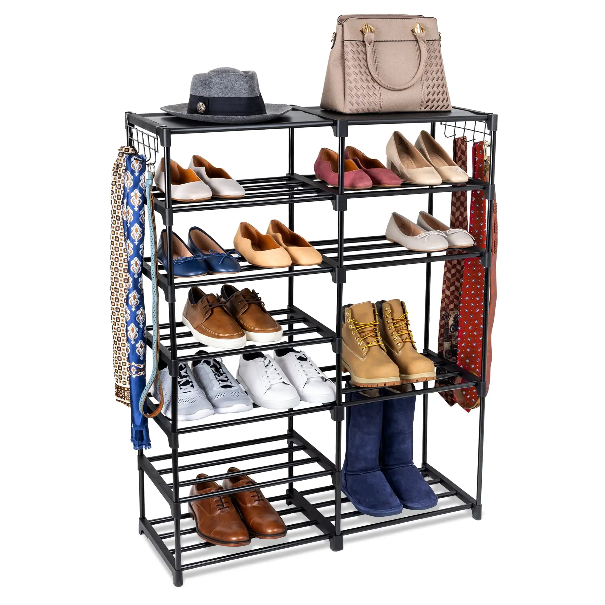 

7-Tier Adjustable Shoe Rack with Hooks, Black, Holds up to 21 Pairs of Shoes