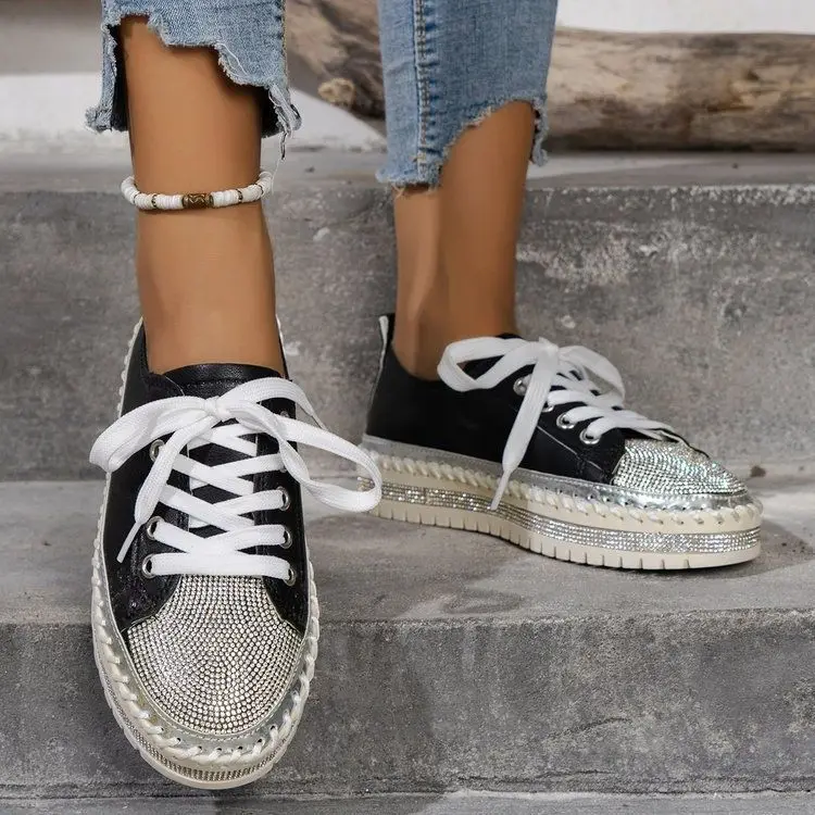 Shoes for Women Sneakers Plus Size 35-44 Crystal Thick Soles Casual Rhinestones PU Walking Flats Thick Bottom Lace Up Shoes