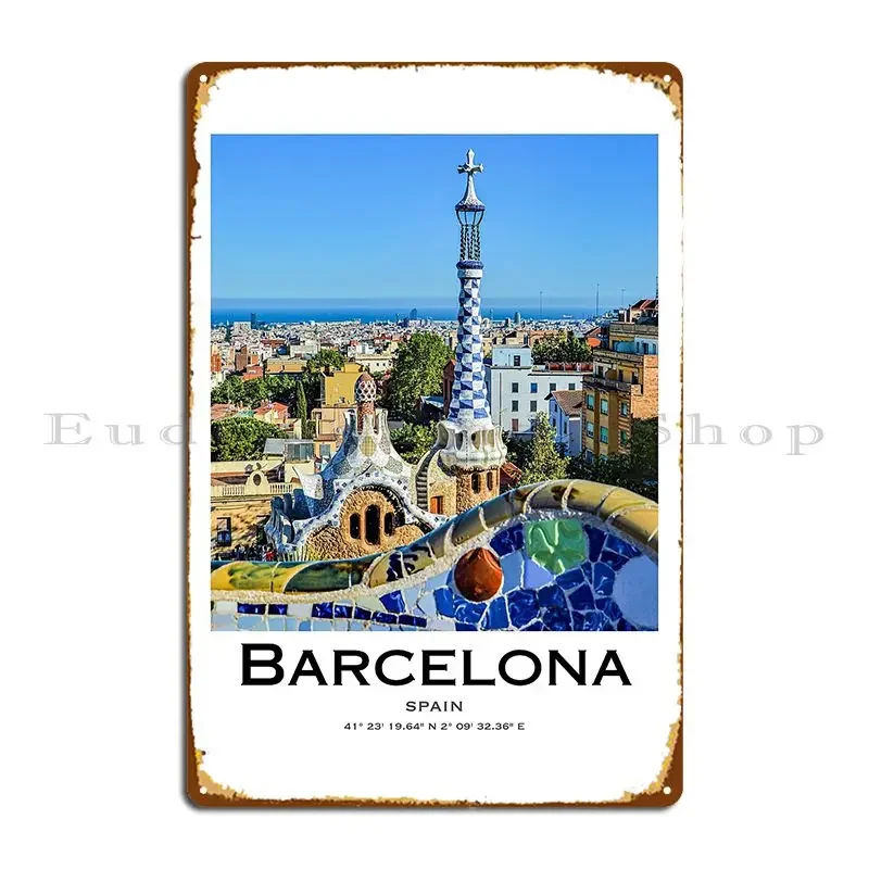 Póster de Barcelona, Parc Guell, Arte de Pared de Viaje, España, Placa Metálica, Decoración de Pared de Cine con Efecto Oxidado, Letrero de Lata de Cine de Diseño, Póster