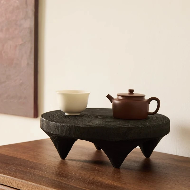 Charred Wood Tea Tray Japanese Tea Ceremony Board Handmade Coffee Table Decor for Sample Room Minimalist Round Serving Plate