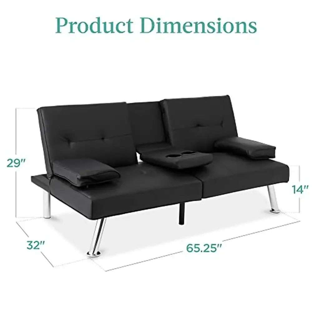 Modern Adjustable Folding Sofa Bed Removable Armrests Cupholders Transforms into Bed Convertible Futon Black Metal Legs 500lb