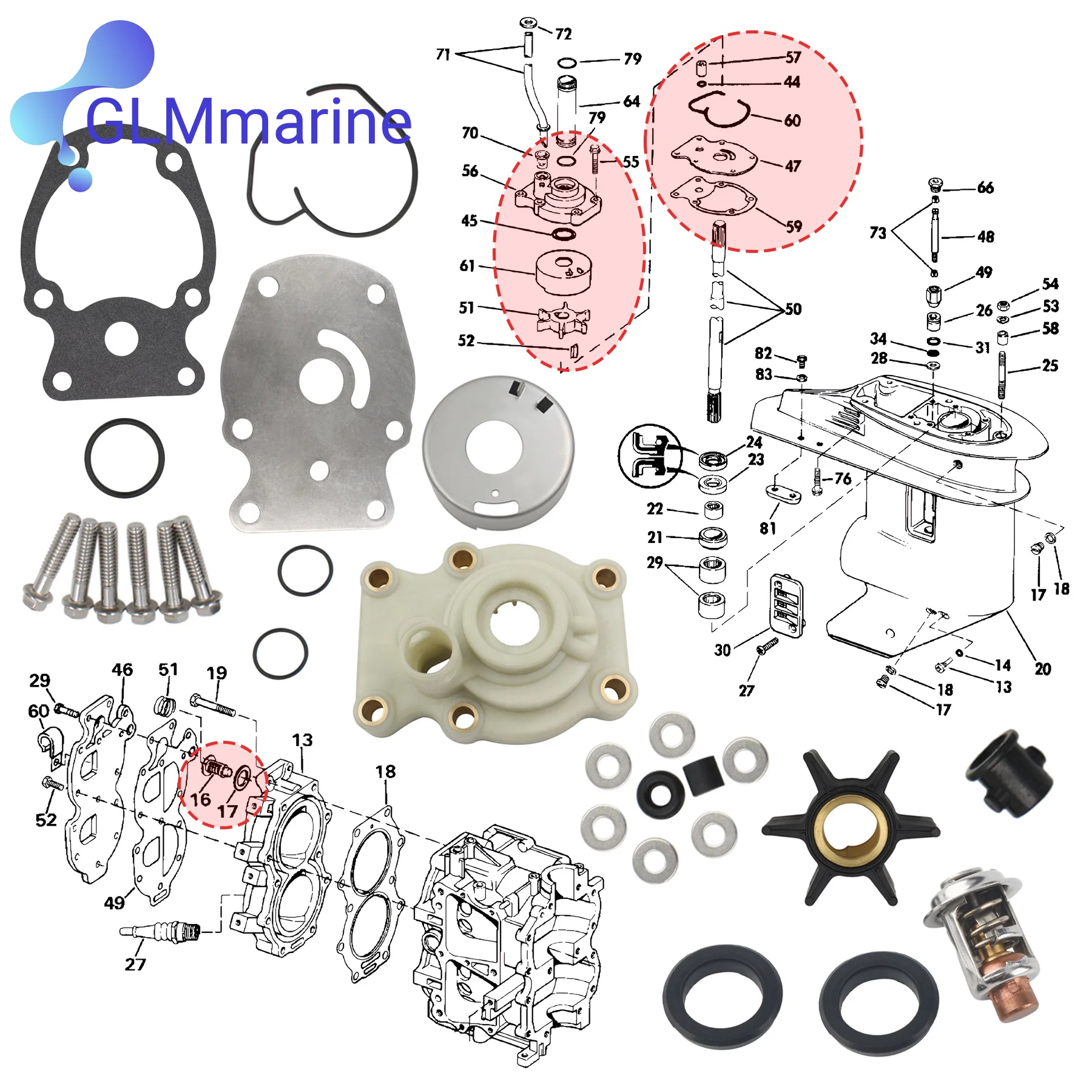 0393509 Water Pump Service Kit W/ Thermostat Kit 5005440 Fits for Johnson Evinrude 20 to 35 HP 0777803 393659 508626 18-3543