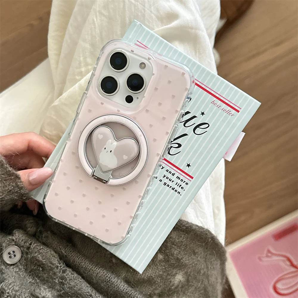 

Korea INS Lovely Heart Rabbit Magnetic Stand protective cover for iPhone 13 14 15 16 Pro Max Fundas Kawaii Phone Case For 15 16