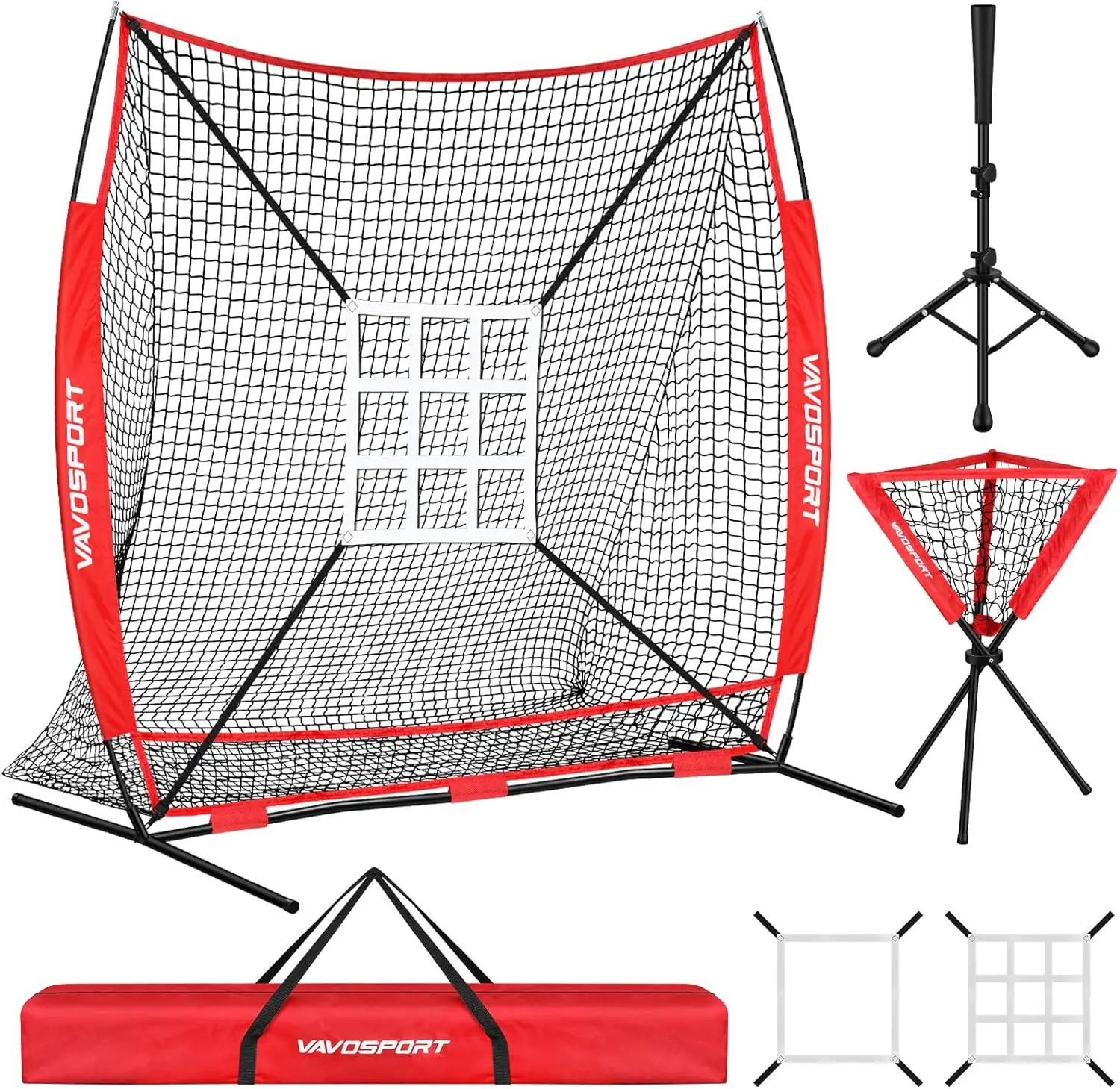 

7x7' Baseball & Softball Net with Large Ball Collection, Portable Training Equipment with Strike Zone, Tee & Ball Caddy for Adult & Youth Practice