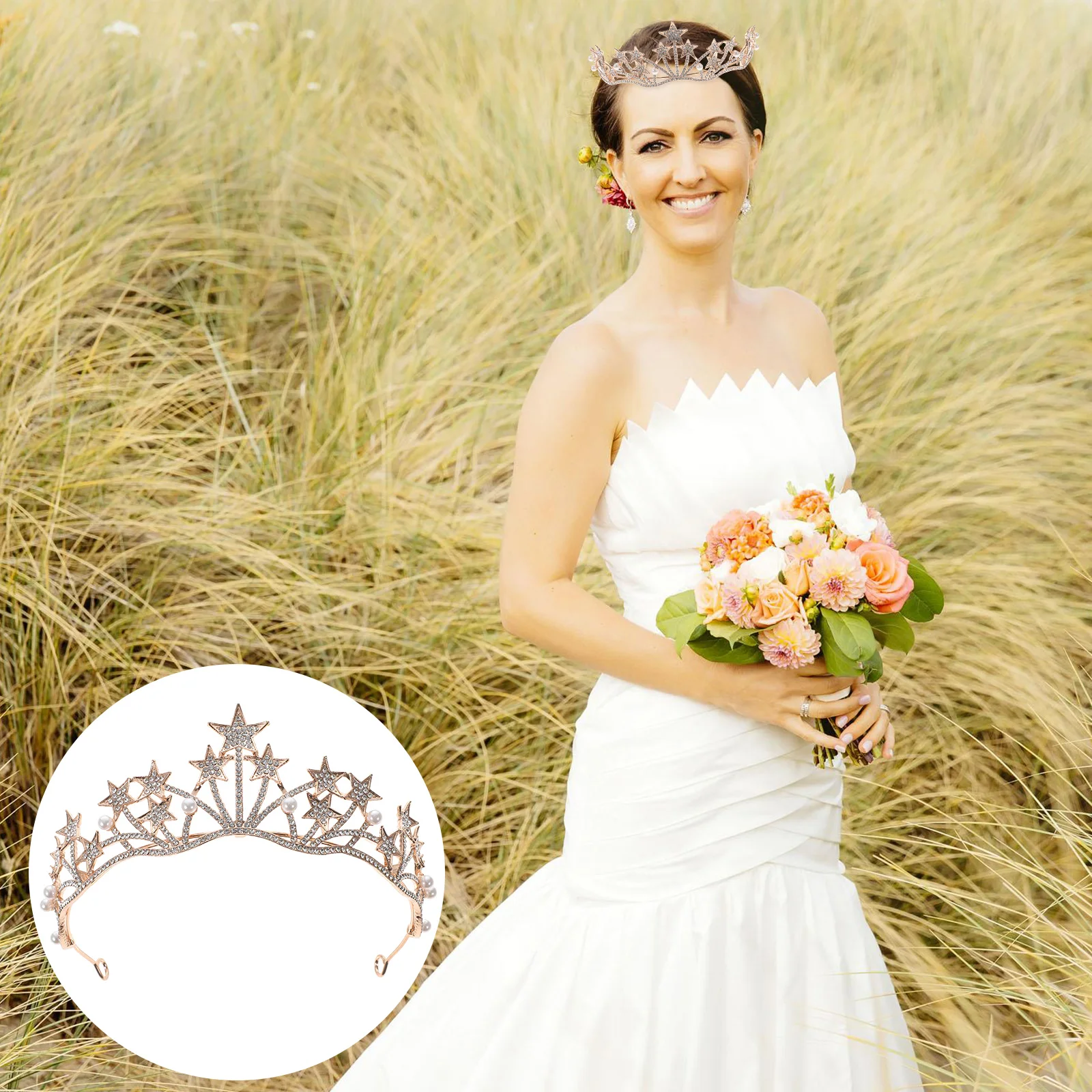 

1pc Electroplated Star Pearl Crystal Bride Crown Headdress Elegant Wedding Tiara Fashionable Headwear Party Bridal Accessories