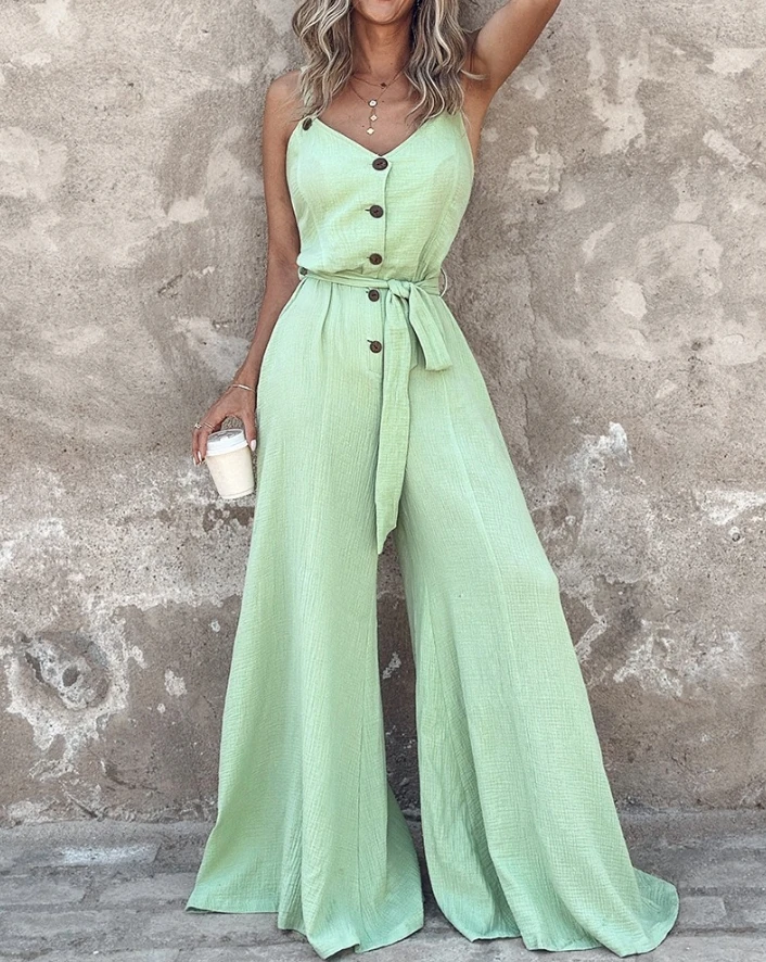 

Women Loose Pants Overall Jumpsuits 2024 Fashion Solid V-Neck Buttoned Strap Sleeveless Tied Detail High Waist Wide Leg Jumpsuit