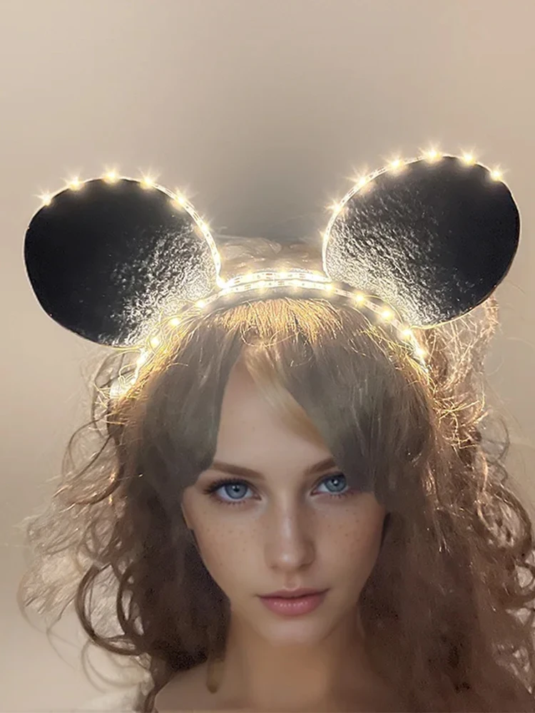 Opaska na głowę z uszami myszy z podświetleniem LED, czarna opaska do włosów z diodami LED, kostium myszy, dekoracja na Halloween, urodziny, imprezę. — zdjęcie 2