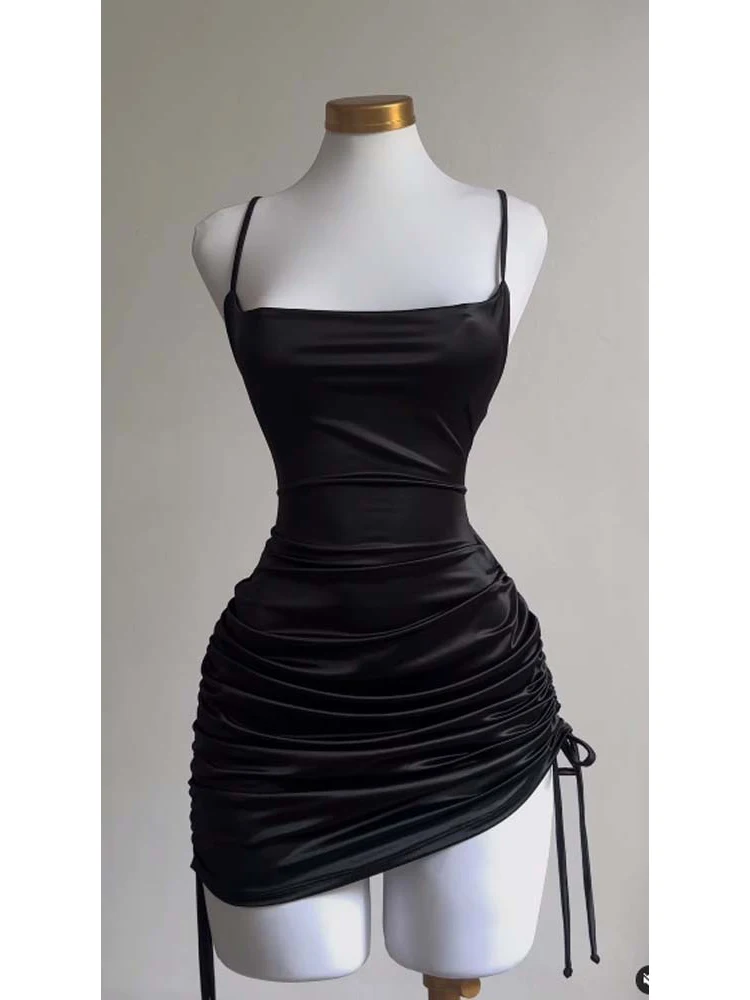 Sexy Satin Lace Up Bodycon Mini Dress Women Sleeveless Backless Party Club Dresses Streetwear Elegant Evening Clothes Black Robe