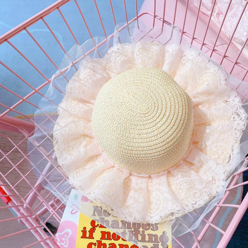 Elegant Fashion Children Sunhats Lace Mesh Princess Hat Cap Outdoor Beach Summer Plaited Straw Hat Bag for Girls Korean Style