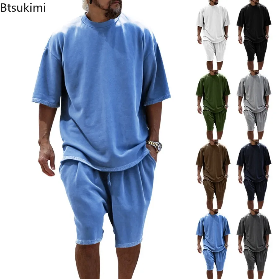 

2025 Men Summer Outfit Oversized Casual Sports Short Sleeve T-shirt Shorts 2 Piece Sets Male Solid Tracksuit Beach Vacation Suit