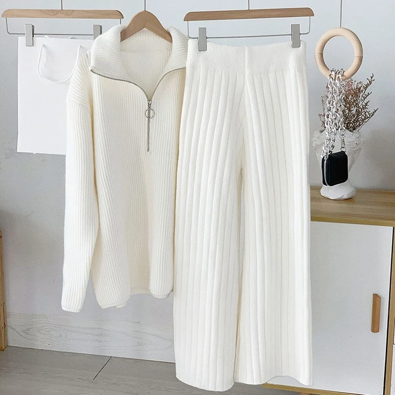 

Knitted Sweaters and Wide-leg Pants Female 2 Pieces Set Women's High Waist Tracksuit Winter Solid Long Sleeve Jumpers Z108