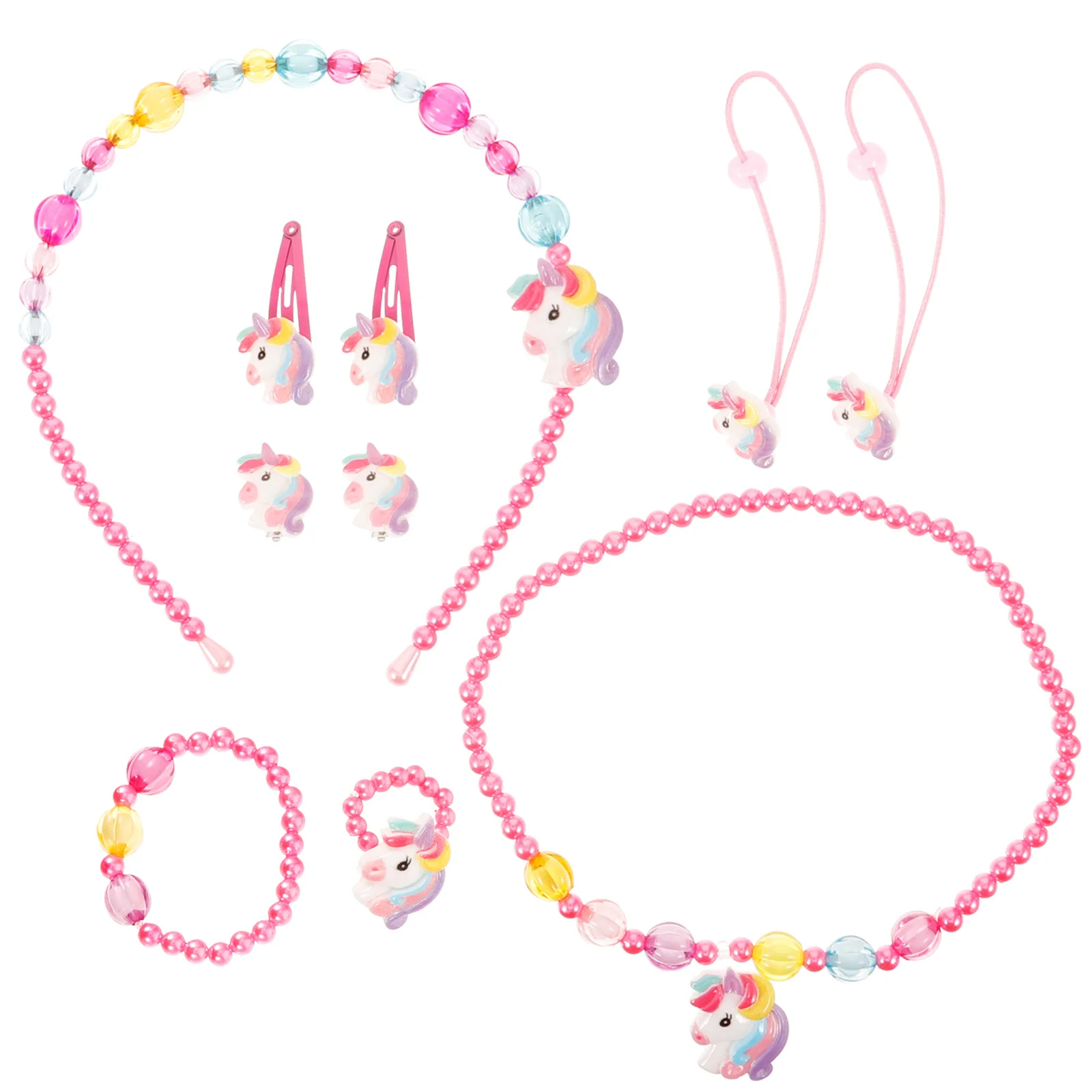 1Set Kids Jewelry Set Unicorn Necklace Bead Bracelet Earrings Hair Clips Hair Ties Finger Ring for Girls Casual Party Dress