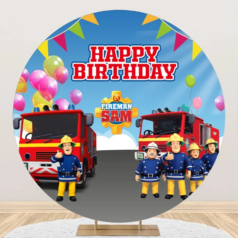 Fireman Sam Circle Backdrop Birthday Party Decorations Kids Boys Firefighter Sammy Fire Truck Round Cloth Background Cover