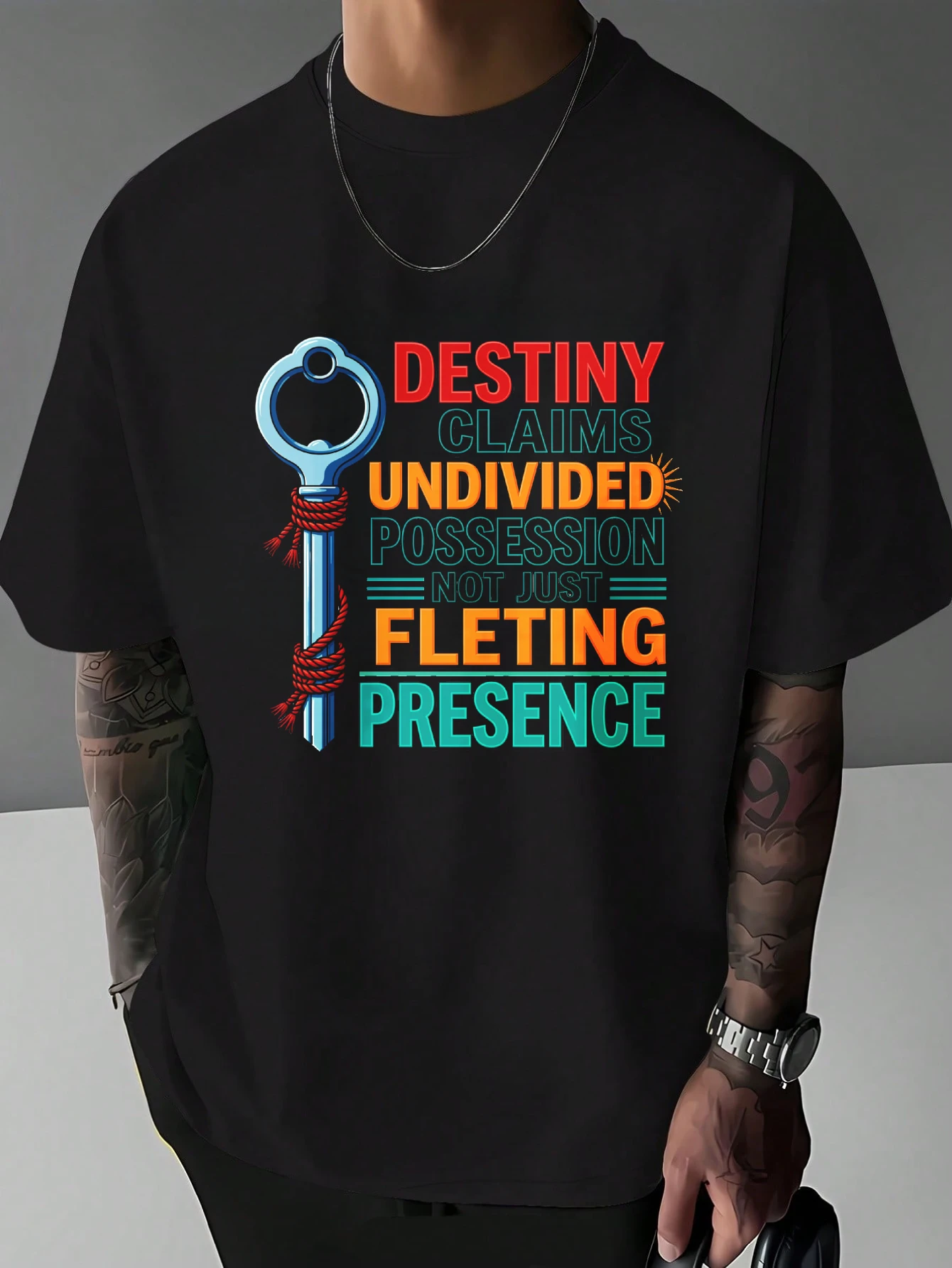 Mens Destiny Slogan Graphic T Shirt Vintage Key Multicolor Letter Print Short Sleeve Crew Neck Casual Cotton Male Daily Tee