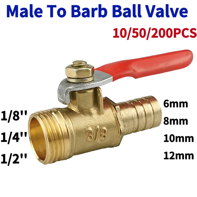 

Brass Pneumatic Shut Off Ball Valve Pipe Fitting with 6/8/10mm,12mm Hose Barb and 1/8",1/4",3/8",1/2" BSP Male Thread Connectors