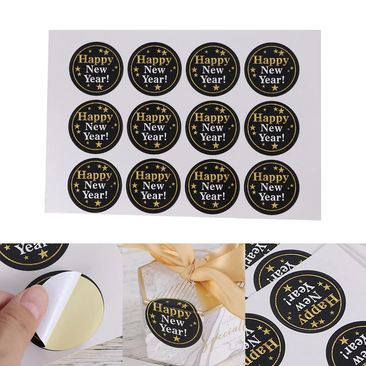

8 Sheets New Year Sealing Stickers Round Happy Decorative Labels for Cookie Bags Baking Packaging DIY Craft Adhesive Decals