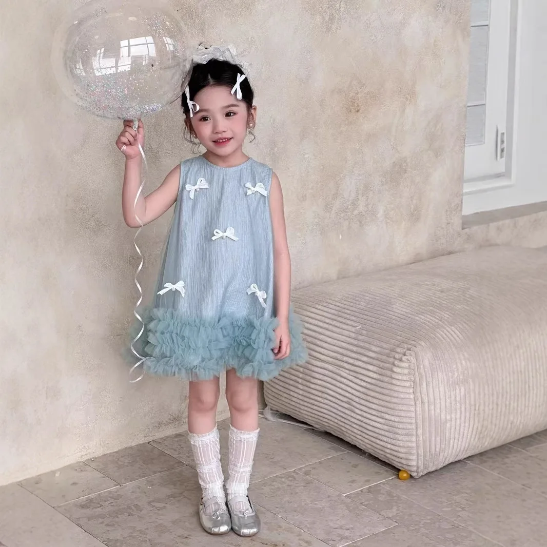 

Burttful-kont Jumper Skirt Summer New Korean Sweet and Fashionable Cute Mesh Sleeveless Bow Princess Dress