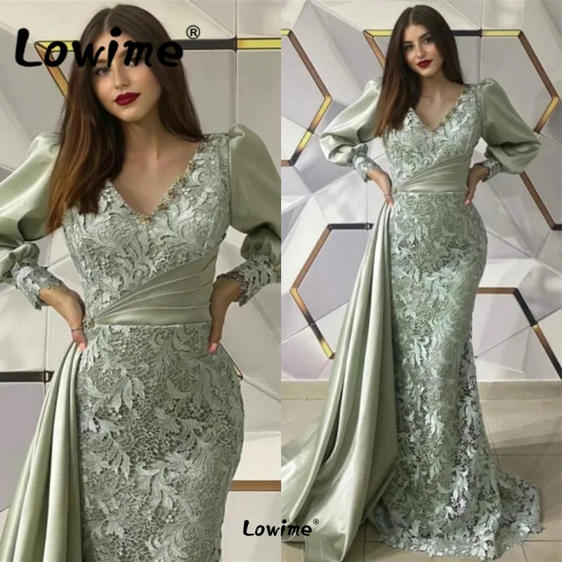 Robes V Neck Lace Evening Dress Formal Long Sleeves Mint Green Party Gowns Women Dubai Arabic Celebrity Dress Prom Dresses 2022