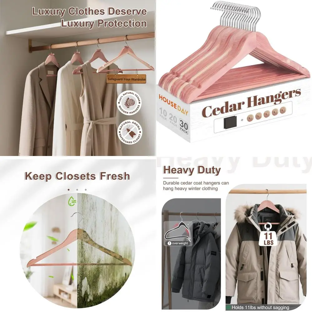 

Набор из 30 вешалок из кедрового дерева премиум-класса с поворотными крючками, U-образным вырезом и нескользящими планками для подвешивания костюмов, платьев и пальто.