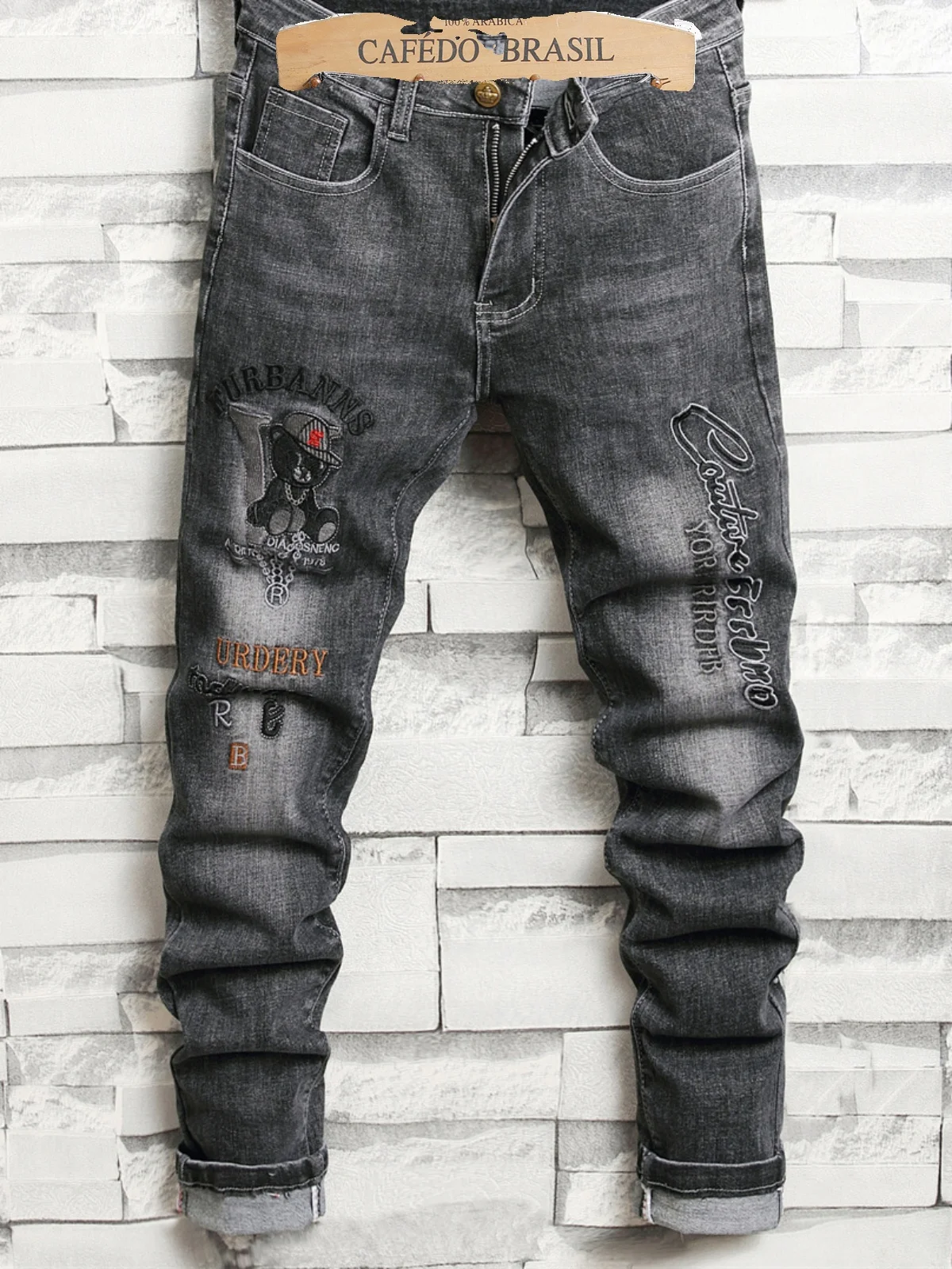 

Мужские джинсы из Гонконга с вышивкой и принтом, весенне-осенние, трендовые, зауженные, повседневные, длинные брюки из хлопкового стрейч-денима