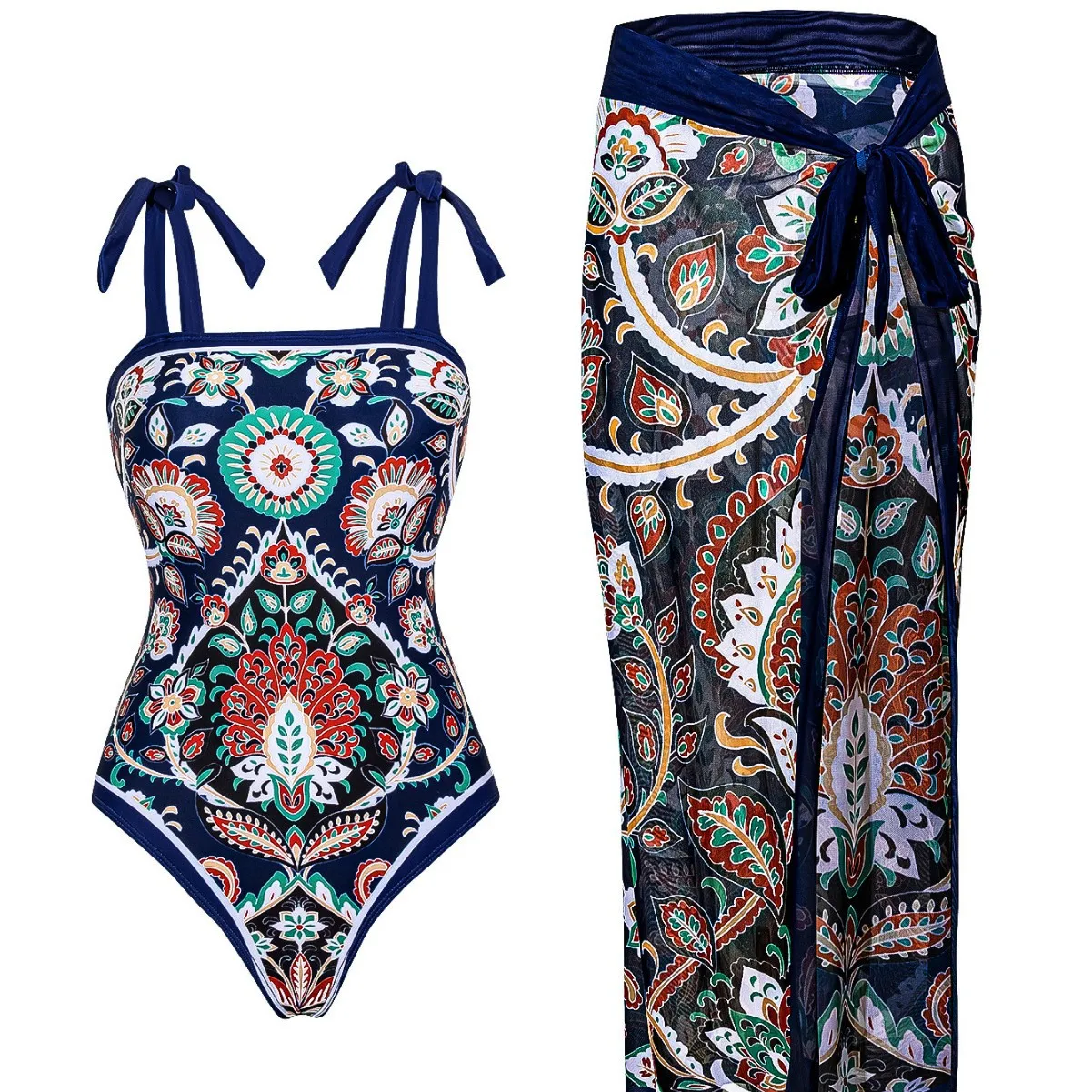 New Summer Women's Sexy and Fashionable Printed Strap One-piece Swimsuit with Cover Up