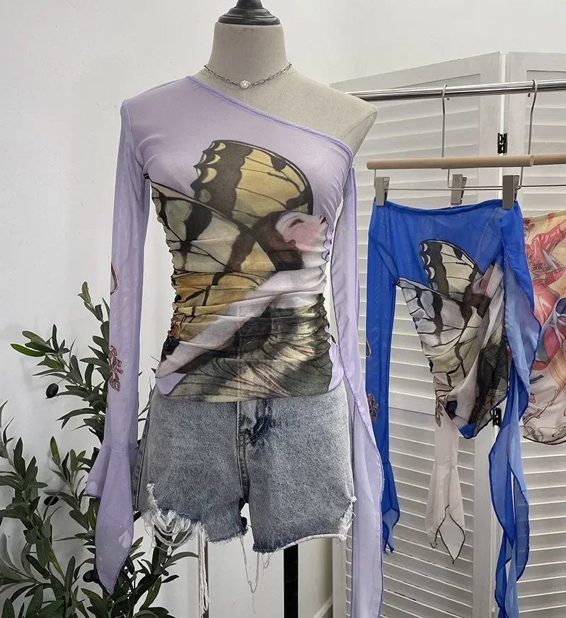 

ISAROSE Women Y2K T-shirt Summer Asymmetrical Single Shoulder Long Flare Sleeve Stretch Breathable Mesh Slim Fashion Crop Tops