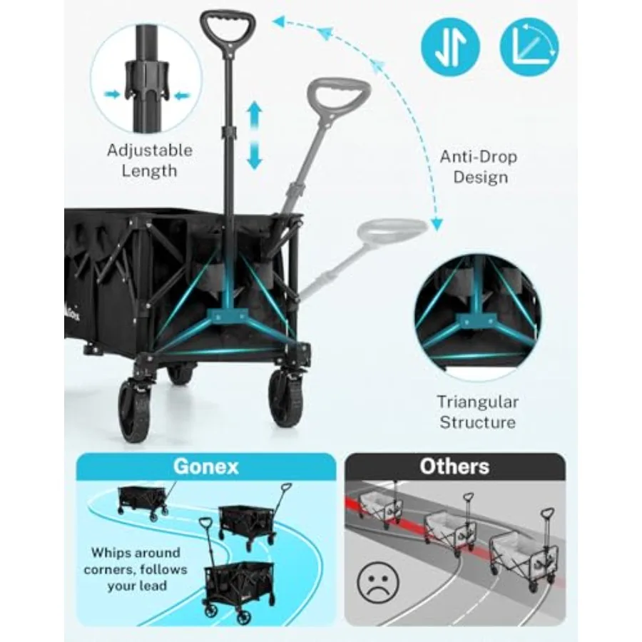 38''L Extra Long Collapsible Foldable Wagon Cart with 360lbs Weight Capacity and 220L Storage Space Detachable Wheels for Versa