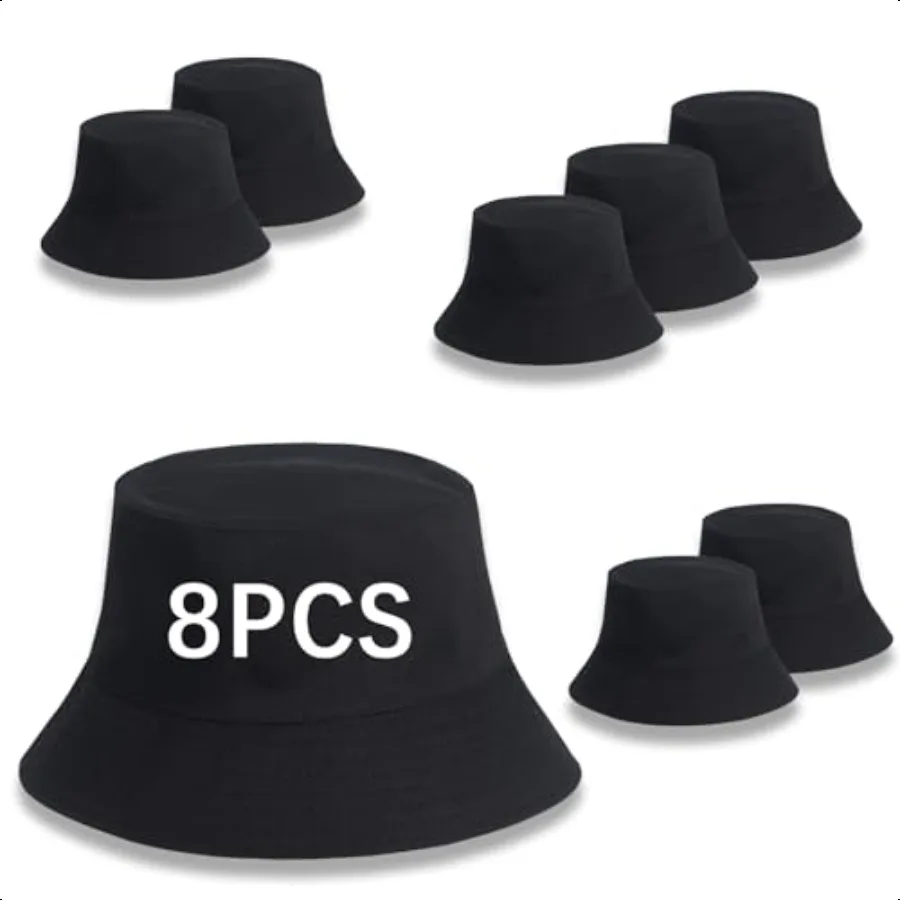 

8PCS Unisex Plain Double Sided Wearable Bucket Hat Black Bulk Blank Crafting Caps DIY Logo Summer Hats Sun Hat Adult for Women