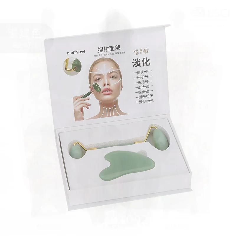 Ensemble de rouleaux de Jade pour Massage du visage, masseur de beauté manuel en métal avec boîte-cadeau, vert émeraude, noir cassé, rose, Transparent