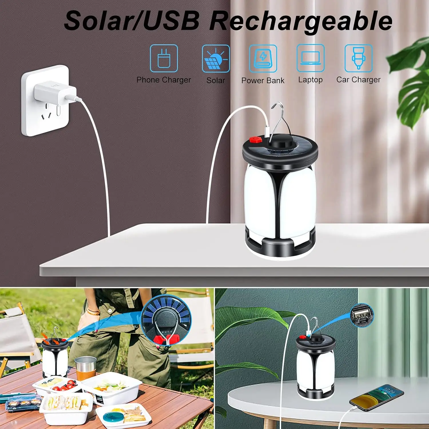 1-5PCS Camping Lantern LED Lamp with 6 Light Modes Ultra Bright LED Tent Lamp USB & Solar Rechargeable Hiking Lights for Fishing