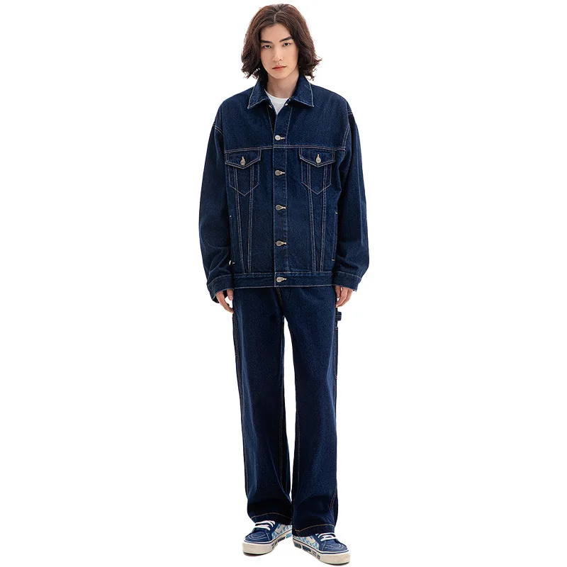 

Classic American Retro Cotton Denim Jeans Indigo Loose Fit Heavyweight Multi-ket Straight Leg Casual Trousers for Youth