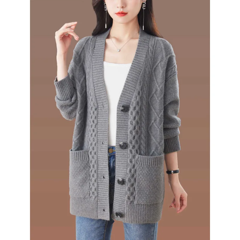 

Mid-Length Knitted Cardigan For New Loose Single-Breasted Plus Size Top Lazy Style Sweater Coat