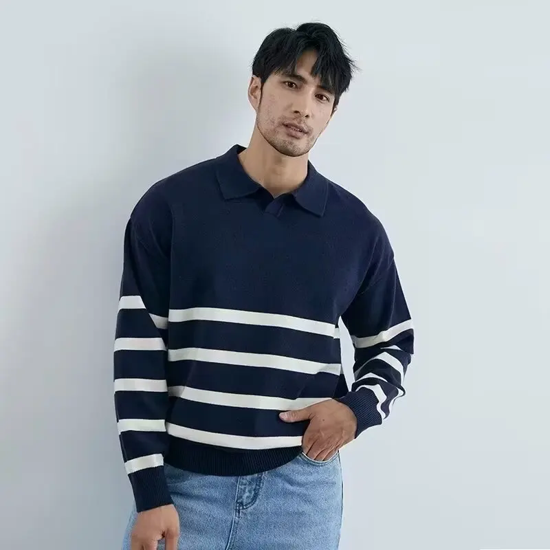 Autumn Winter Striped V-Neck Lapel Long Sleeve Knit Polo Sweater Men's Business Casual Top