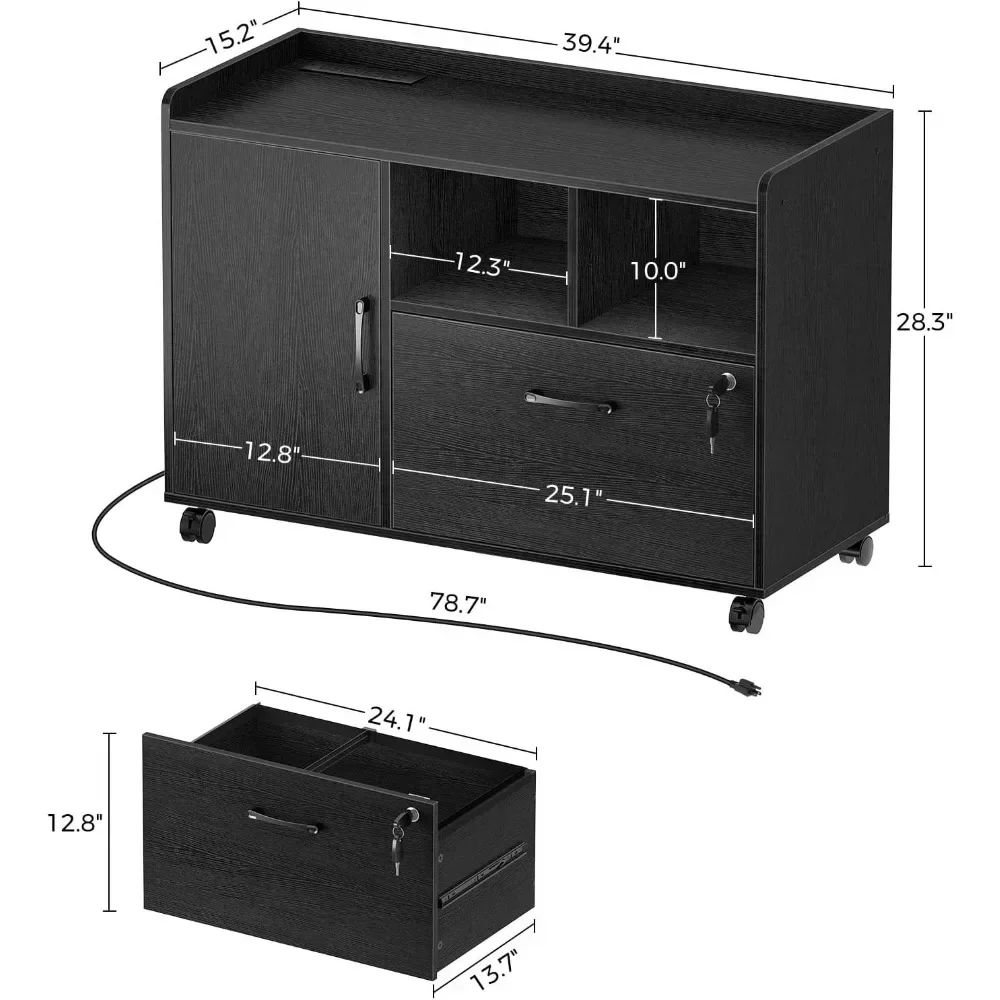 Classeur avec station de charge, classeur latéral avec socle de verrouillage, support d'imprimante avec étagère de rangement ouverte avec roulettes