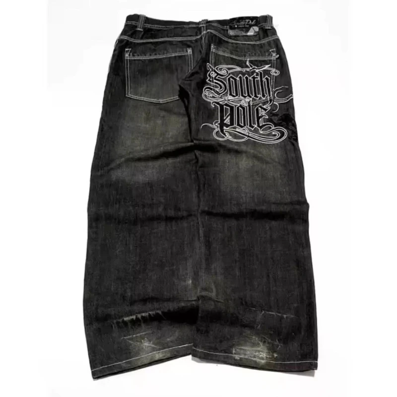 미국 스트리트 진즈 스트리트 댄스 힙합 스타일 레터 레트로 블루 루즈 하이웨이스트 와이드 레그 팬츠 커플 스트리트웨어