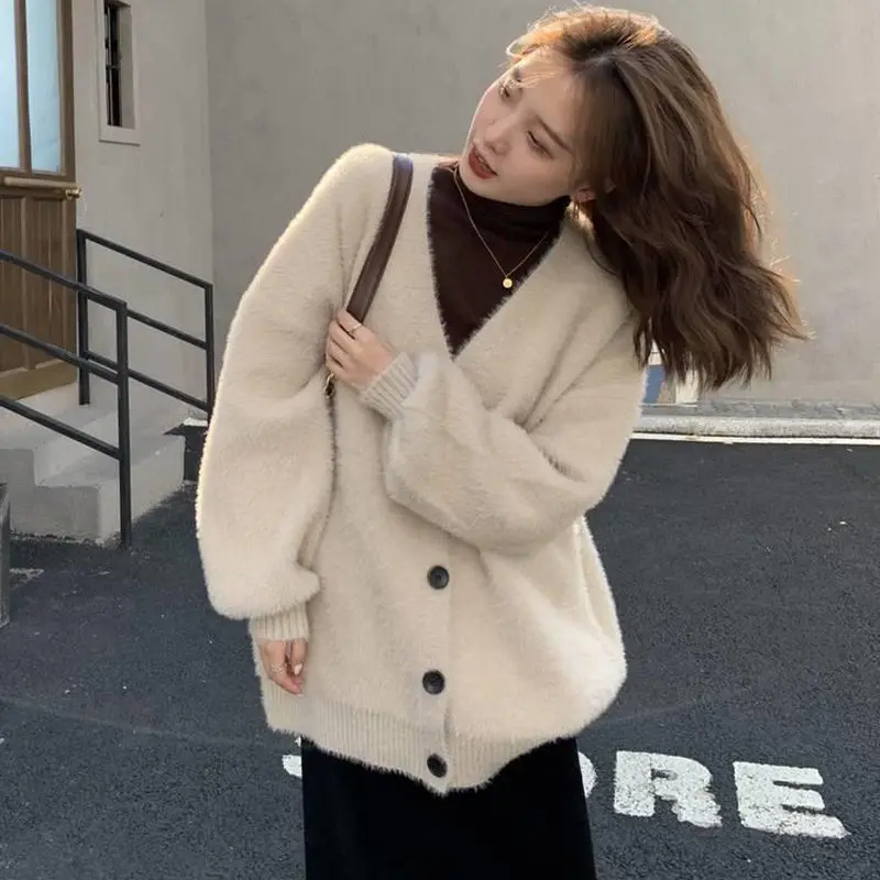 Cardigan Sweater Women V-neck Long Sleeve Top Solid Lazy Wind Soft Simple Warm Coat Vintage Single Breasted Knitwear Sweater