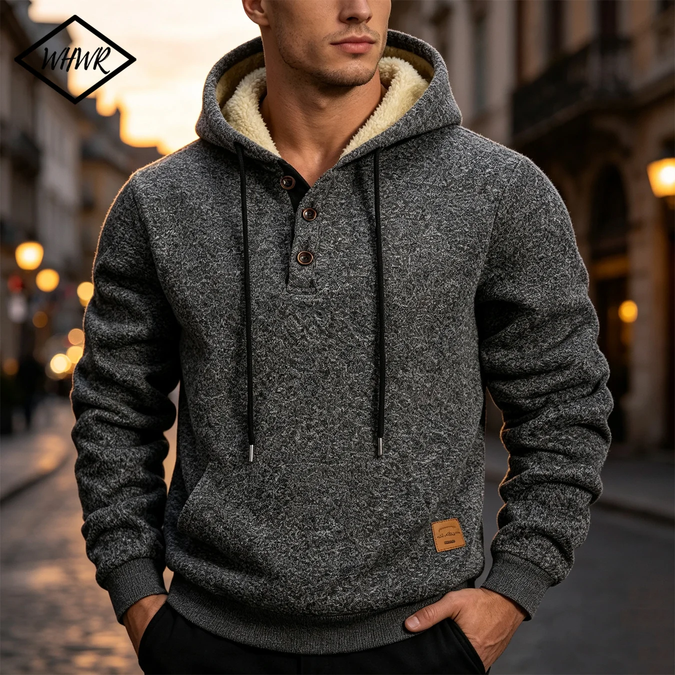 Men's Henley Hoodie Pullover Sherpa Fleece Lined Winter Warm Hooded Sweatshirt Button Placket Drawstring Hood Ribbed Hem Casual Street Fashion Top