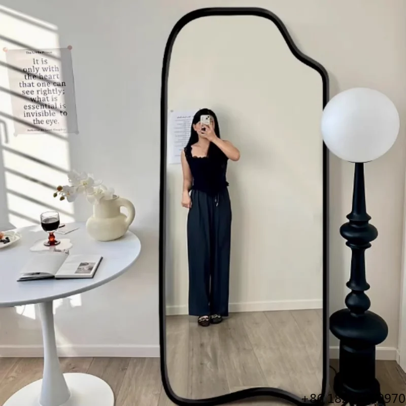 Wholesale Black Frame Irregular Wavy Full Length Mirror Floor Standing Dressing Mirror For Hotel Villa Clothing Store