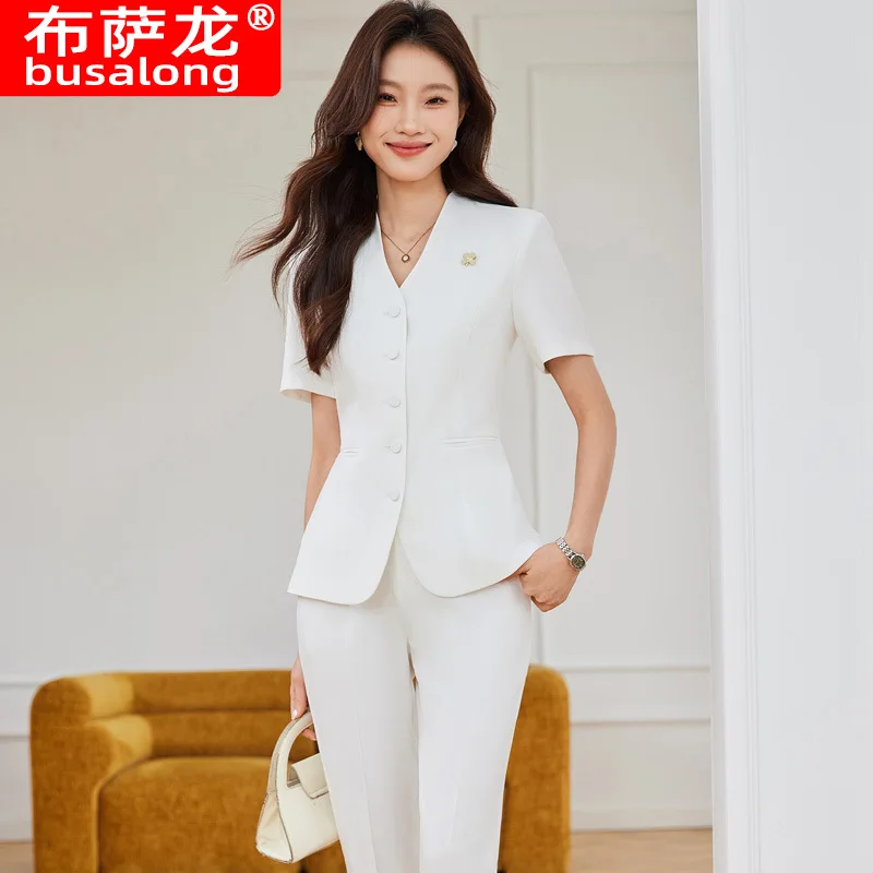 Professional Women's Suit Summer Jewelry Store Beautician Workwear Short Sleeve Elegant Hotel Reception Blazer Suit Dress