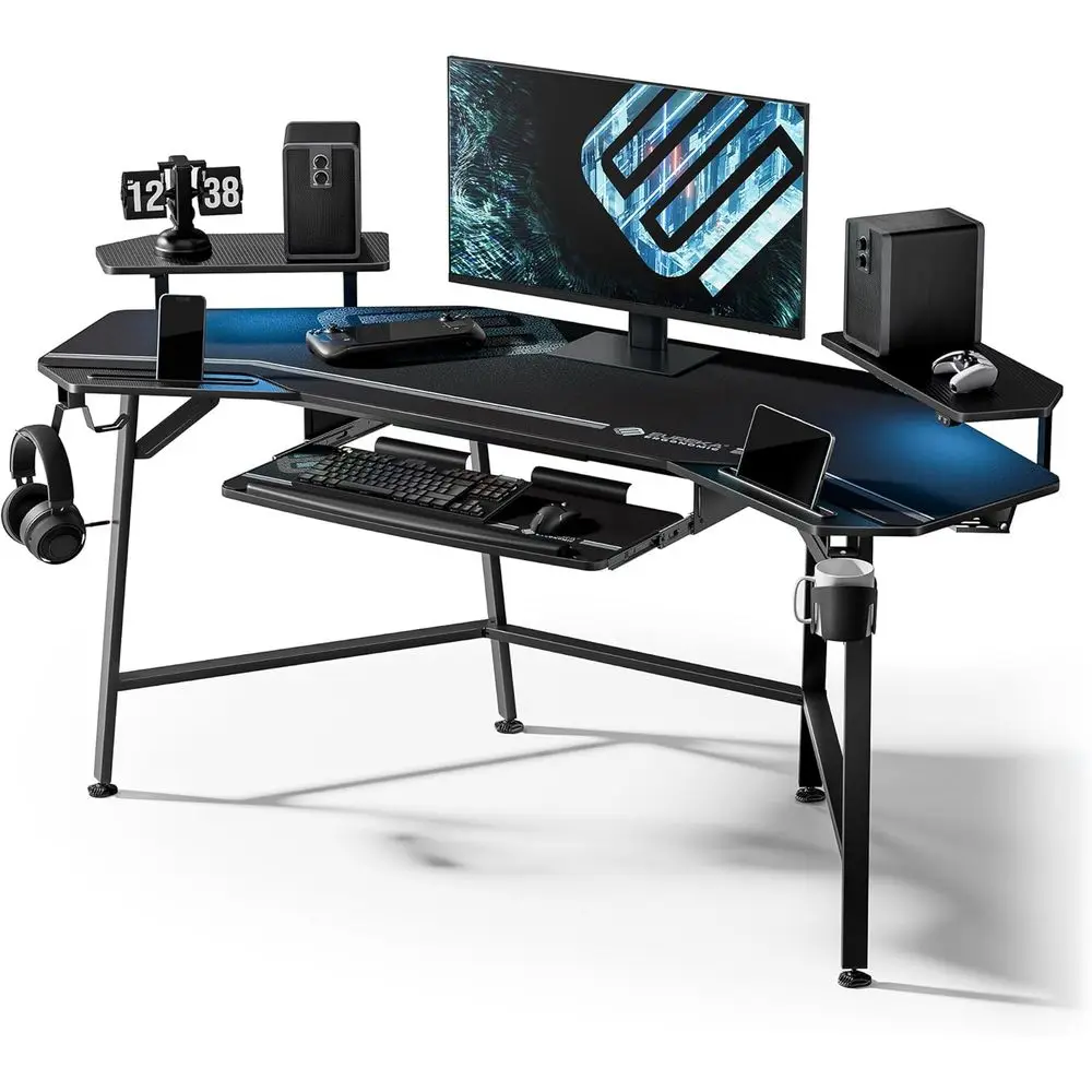 

Игровой стол 72 дюйма с выдвижной полкой для клавиатуры, большой компьютерный стол с LED-подсветкой, подставка для монитора в форме крыла, двойной держатель для телефона и подстаканник или S-образный держатель