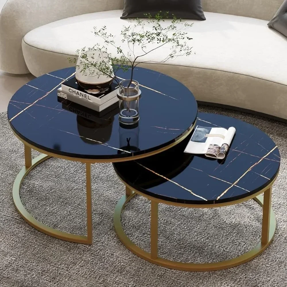 

High Glossy Faux Black Marble Coffee Table Luxury Coffe Table Set Living Room Furniture Tables Mesas Serving Round Cofee