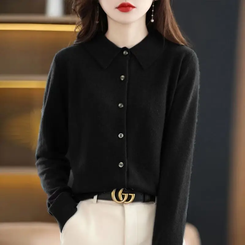 Women Overlay with Long Sleeved Sweater 2024 Spring Autumn New Temperament Lapel Fashion All-match Cardigan Office Lady Tops