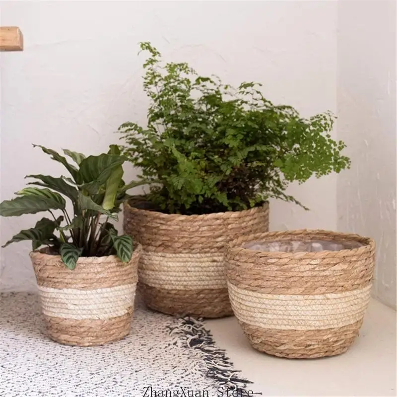 3 Stück neutrale farbblockierte Blumentopfkörbe, abgestufte Naturfaserabdeckungen 3XUF – Detail 4